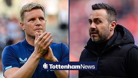 Eddie Howe applauding Newcastle fans on the left with Roberto De Zerbi looking ahead on the right