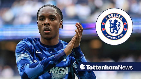 Mathys Tel in Tottenham gear and Chelsea badge in inset
