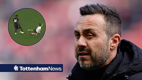 Tottenham head coach Roberto De Zerbi and a screenshot of Conor Gallagher tackling Dario Essugo