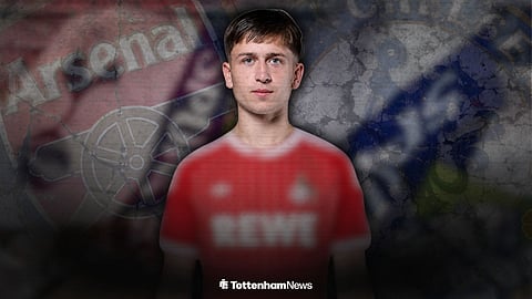 Mikey Moore in a Koln shirt surrounded by Arsenal and Chelsea badge