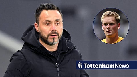 Tottenham boss Roberto De Zerbi and goalkeeper Antonin Kinsky in a circular inset