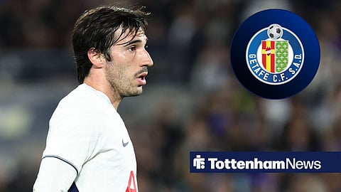 Tottenham midfielder Sandro Tonali with Getafe's crest in a circular inset