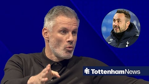Jamie Carragher working as a Sky Sports pundit, with Roberto De Zerbi in a circular frame inset