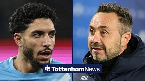 Omar Marmoush on the left in action and Roberto De Zerbi on the right with Tottenham