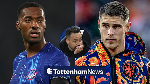 Tosin Adarabioyo in action for Chelsea and Micky van de Ven for the Netherlands with Tottenham manager Roberto De Zerbi in a circular inset