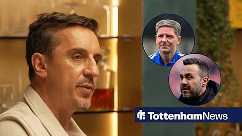 Gary Neville speaking on The Overlap, with Roberto De Zerbi and Oliver Glasner in circular frames inset