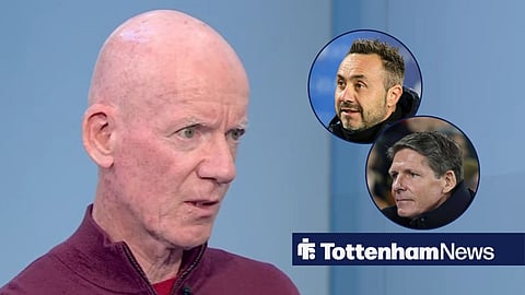 Dermot Gallagher speaking live on Sky Sports, Roberto De Zerbi in a Tottenham Hotspur jacket and Oliver Glasner of Nottingham Forest.