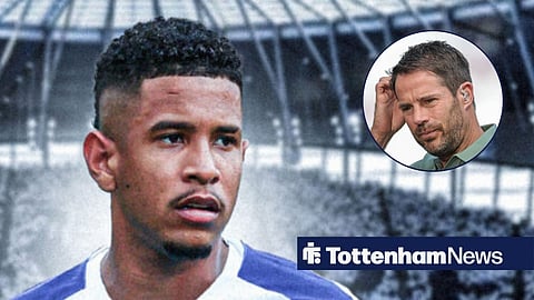 Savinho in a Tottenham shirt ahead of the Tottenham Hotspur Stadium and Jamie Redknapp in a circular inset.