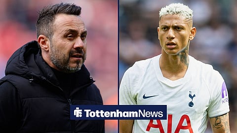 Roberto De Zerbi looking on and Richarlison in action for Tottenham