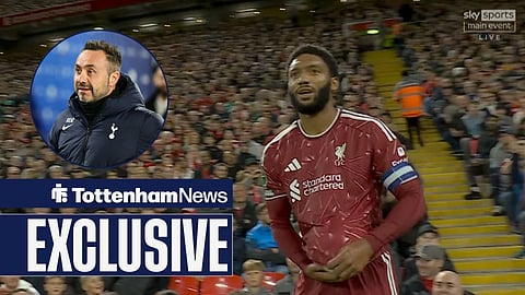 Joe Gomez is shown preparing for a throw-in for Liverpool, alongside a smaller picture of Tottenham boss Roberto De Zerbi.