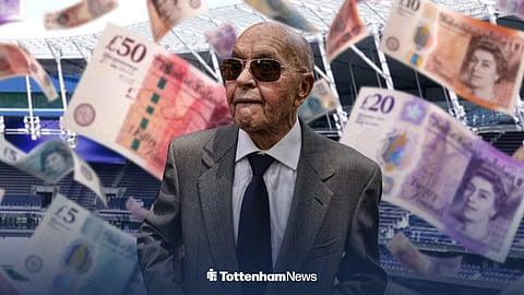 Joe Lewis with bank notes and the Tottenham Hotspur Stadium in the background