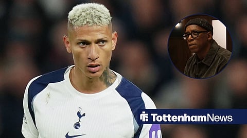 Richarlison playing for Tottenham looking towards a circle inset of Ian Wright looking annoyed on Stick to Football