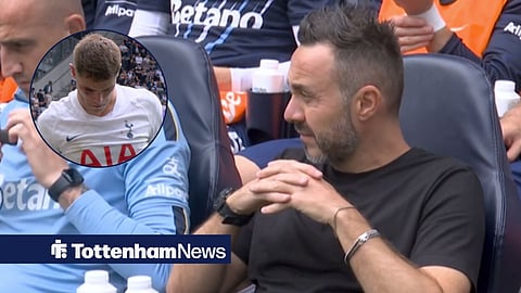 Roberto De Zerbi looking annoyed towards a circle inset of Micky Van de Ven injured at Tottenham