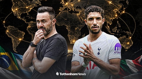Roberto De Zerbi looking concentrated and Omar Marmoush playing for Tottenham