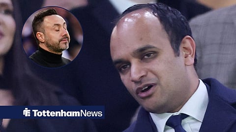 Tottenham CEO Vinai Venkatesham and Tottenham manager Roberto De Zerbi looking frustrated in a circular inset