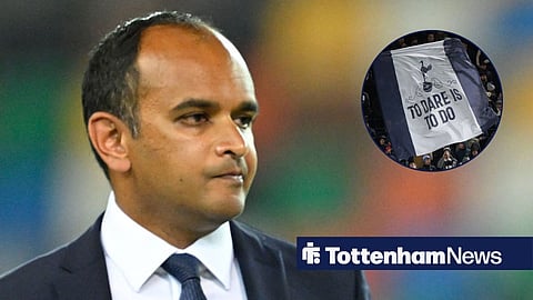 Vinai Venkatesham looking towards a circle inset of the Tottenham Hotspur Stadium
