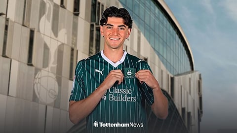 Oliver Irow wearing a Plymouth Argyle shirt ahead of the Tottenham Hotspur Stadium.