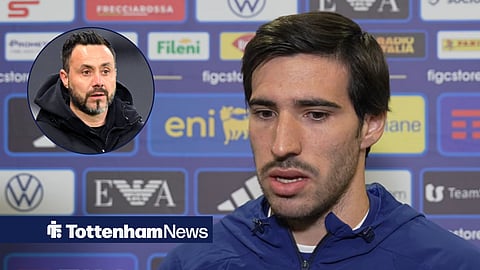 Sandro Tonali speaking after Italy's win over Turkey, and his Tottenham Hotspur manager Roberto De Zerbi in a circular inset.