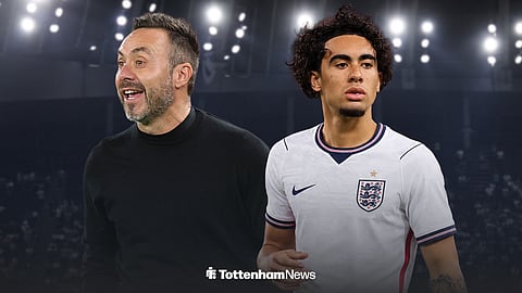 Tottenham manager Roberto De Zerbi next to Luca Williams-Barnett in an England shirt with Tottenham Hotspur Stadium background