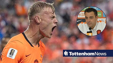 Jan Paul van Hecke playing for the Netherlands and Xavi in a Netherlands press conference