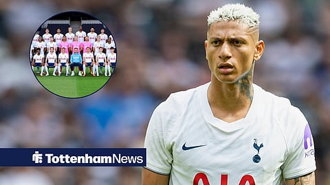 Tottenham's Richarlison with 2026-27 Tottenham men's first-team squad photo in a circular inset
