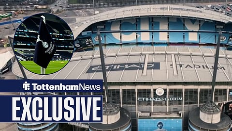 Etihad Stadium from above and Tottenham flag at Tottenham Hotspur Stadium