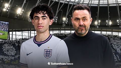 Luca Williams-Barnett in an England shirt and Roberto De Zerbi ahead of the Tottenham Hotspur Stadium.