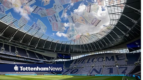 Tottenham Hotspur Stadium, with cash notes flying in the air