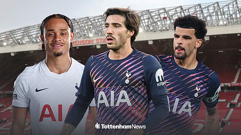 Tottenham trio Sandro Tonali, Xavi Simons and Dominic Solanke with Old Trafford in the background
