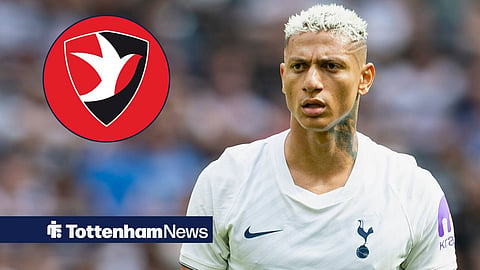 Richarlison in action for Tottenham with Cheltenham Town logo in a circular inset