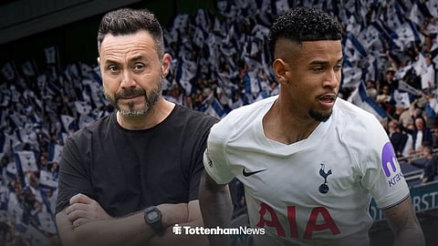 Tottenham Hotspur manager Roberto De Zerbi and Tottenham winger Savio with Tottenham Hotspur Stadium background