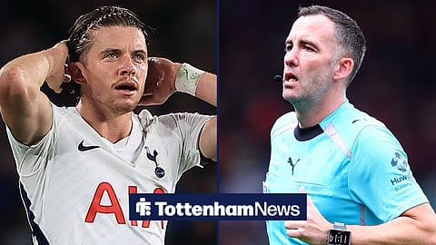 Conor Gallagher playing for Tottenham looking at referee Chris Kavanagh