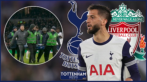 Rodrigo Bentancur goes off injured in Tottenham v Liverpool. (Credit: Imago & Sky Sports)