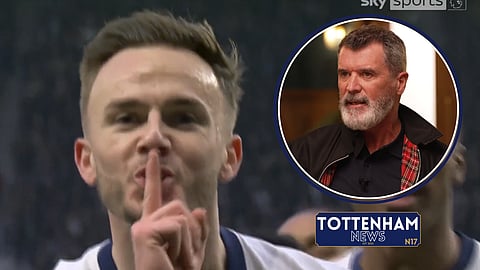 James Maddison aimed his celebration at Roy Keane in Tottenham v Manchester United [credit: Sky Sports Premier League and The Overlap]