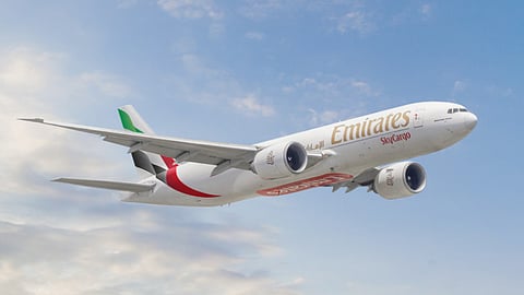 Emirates SkyCargo Boeing 777 freighter aircraft at Liege Airport Belgium marking the launch of new scheduled cargo services in 2026