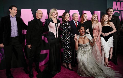 (L-R) Marc Weistock, President and CEO of Paramount Pictures, Brian Robbins, Reneé Rapp, Tina Fey, Lorne Michaels, Avantika Vandanapu, Lindsay Lohan, Angourie Rice, Bebe Wood and Christopher Briney arrive for the premiere of Paramount Pictures' "Mean Girls" at AMC Lincoln Square in New York on 8 January 2024. Paramount's new musical version of "Mean Girls" bullied its way to the top of the North American box office on the long Martin Luther King Jr. weekend, industry analysts said. 14  January 2024.

