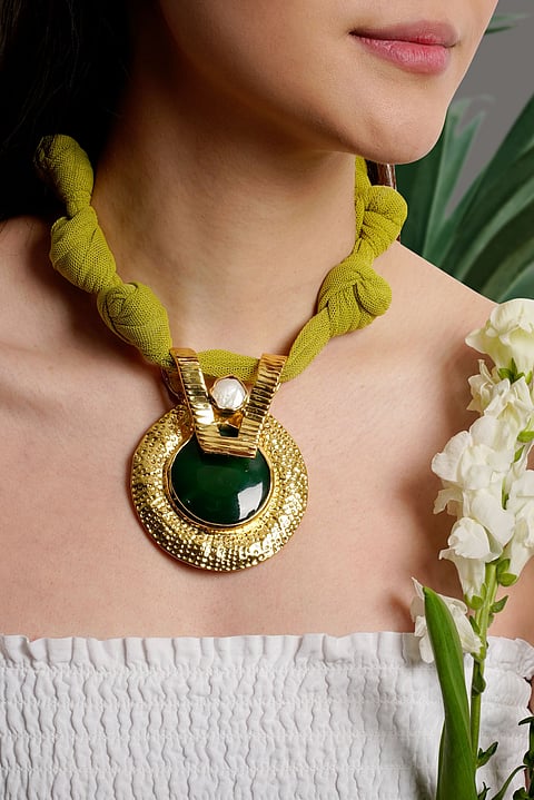 Green agate tulle necklace with hammered brass pendant.