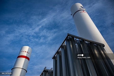 (FILES) This picture taken on 6 December 2023 shows liquid biomethane production facilities at a gas processing factory operated by Air Water Group in Obihiro of Hokkaido Prefecture.