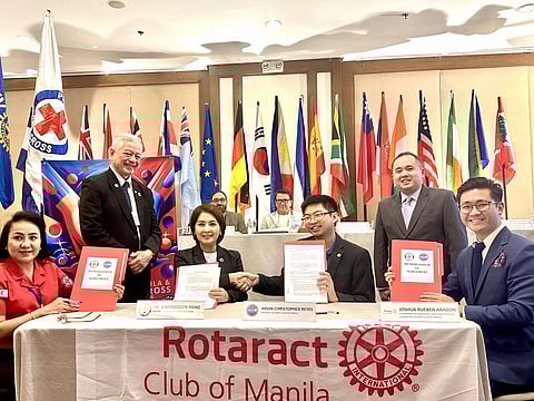 A Memorandum of agreement forging Philippine Red Cross' partnership with the Rotary Club of Manila, and the Rotaract Clubs of Manila and De La Salle University to secure a sustainable supply of blood was signed at the Manila Polo Club last 8  February 2024. Signatories (seated, left to right) were Dr. Christie Monina Nalupta, PRC director for Blood Services; PRC secretary general Gwendolyn T. Pang, Rotaract Club of Manila president Arvin Christopher Reyes; and Joshua Reuben Aragon, chairman of RC Manila's Committee on Emergency and Disaster Relief with (standing at left) RC Manila president Rafael Alunan III and (standing, right) RC Manila member Dr. Paul Anthony T. Koh. 