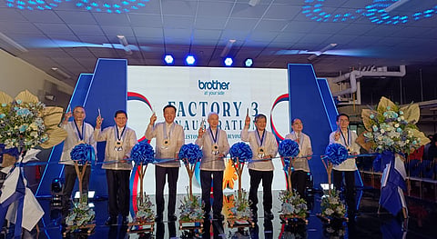Launching the third Brother Industries factory in the country are (from left) Brother Industries Ltd. president Ichiro Sasaki, Tanauan Mayor Nelson Collantes, Brother Industries Philippines Inc. president Hiroki Yamamoto, Trade and Industry Secretary Fred Pascual, Brother Industries Ltd. Taizo Murakami, Philippine Economic Zone Authority director general Tereso Panga and Brother Industries Ltd. Satoru Kuwabara.