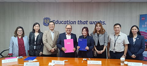 Sealing the collaboration between NU and 2GO are (from left) Dr. Leonora Concepcion, NU Mall of Asia executive director; Sheryl Chua, 2GO senior sales manager; Dr. Rosauro Manuel, NU Group academic officer and chief information officer; Dr. Renato Carlos Ermita Jr., NU president and CEO; Sharon Ngo, 2GO business unit head of Sea Solutions; Cecil Valle, 2GO head of commercial sales; Rolando Averilla, NU vice president for corporate affairs; and Dr. Medelene Forbes, NU Manila College of Tourism and Hospitality Management dean.