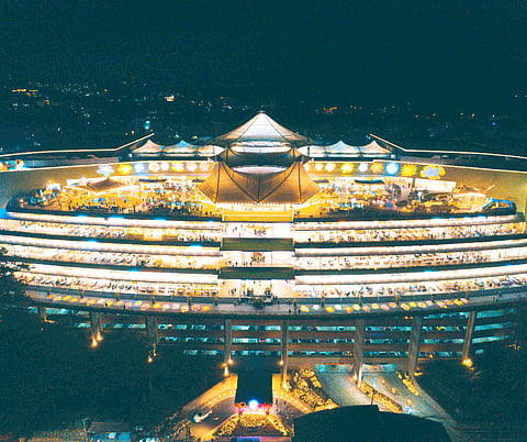 SM City Baguio Sky Terrace transforms at night with colorful light installations in the month-long celebration of Panagbenga.