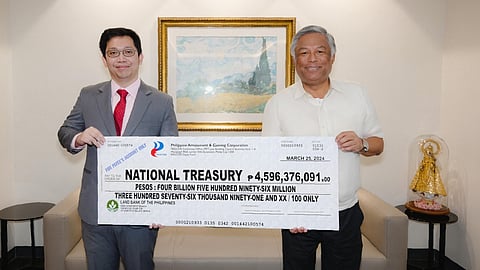 PAGCOR Chairman and CEO Alejandro H. Tengco (right) hands over a facsimile check to Deputy National Treasurer Eduardo Anthony Mariño III during a simple dividend turnover ceremony at the new PAGCOR Corporate Office in Pasay City.

The check amounting to nearly P4.6 billion is the agency’s latest cash dividend to the government and represents 75% of PAGCOR’s net earnings in calendar year 2023. 

The turnover is also in accordance with Republic Act No. 7656 or the Dividend Law mandating government-owned and controlled corporations to remit part of their earnings to the Treasury.