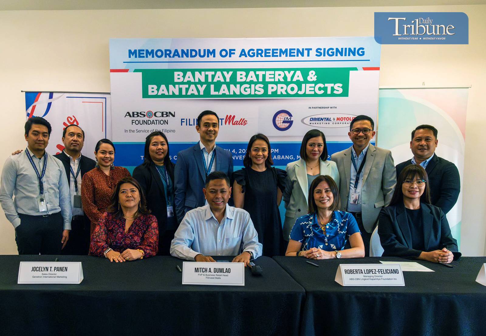 Bantay Baterya, Bantay Langis MOA signing. 

Genetron International Marketing Sales Director Jocelyn Paner, Filinvest Malls FPV & Business Retail Head Mitch Dumlao, and ABS-CBN Lingkod Kapamilya Foundation Inc. Managing Director Roberta Lopez-Feliciano pose for a photo after signing the memorandum agreement for the Bantay Baterya and Bantay Langis Project at Filinvest Alabang on Monday, 4 March 2024. | via John Louie Abrina
