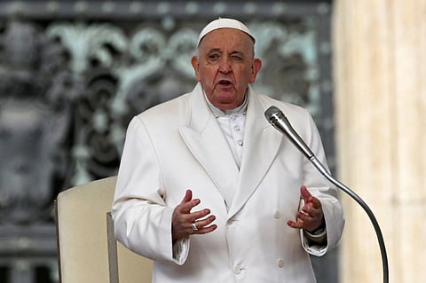 Pope Francis speaks during his general audience in St. Peter Square at the Vatican on March 13, 2024.
