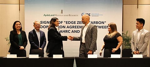 Signatories of the agreement are (from left) Eileen Escobido, AVP, project development senior director, and sustainability lead, AHRC; Javier Hernandez, head of hotels group; Mariana Zobel de Ayala, senior vice president, leasing and hospitality head, Ayala Land Inc.; IFC country manager Jean-Marc Arbogast; Serra Ekinci Oz, IFC senior investment officer; and Angelo Tan, Edge country head.