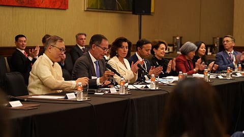 (From left) Department of Information and Communications Technology Secretary Ivan John Uy, Private Sector Advisory Council (PSAC) Lead Convenor and Aboitiz Group President and CEO Sabin Aboitiz, and U.S. Secretary of Commerce Gina Raimondo along with US delegates during the Presidential Trade and Investment Mission last 11 March 2024.