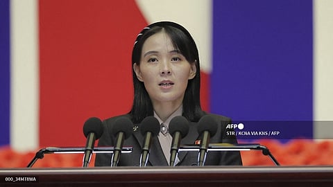(FILES) This picture was taken on 10 August 2022 and released from North Korea's official Korean Central News Agency (KCNA) on 14 August 2022 shows Kim Yo Jong, the sister of North Korea's leader Kim Jong Un, speaking at the National Emergency Prevention General Meeting in Pyongyang. 