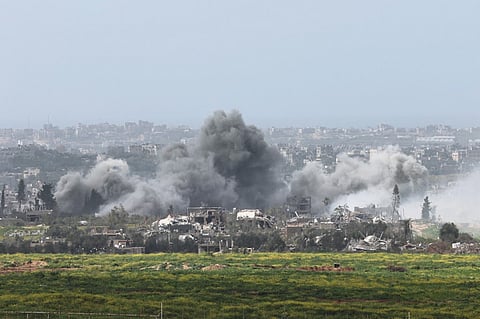 A picture taken from a position in southern Israel on March 6, 2024, shows smoke billowing amid Israeli bombardment in the Gaza Strip as battles between Israel and the Palestinian militant group Hamas continue.
