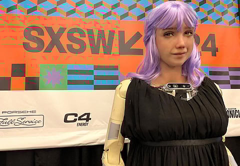 Humanoid Desdemona, a robot designed by Hanson Robotics and endowed with expressiveness and interactivity to teach AI to understand and care about people, is displayed at a SXSW conference titled ‘How to make AGI beneficial and avoid a robot apocalypse’ in Austin, Texas this week.